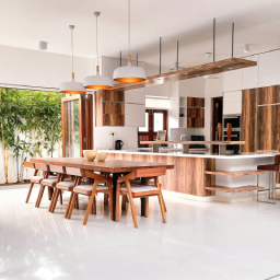 Ruang makan dan dapur berkonsep terbuka yang modern tropis, menampilkan meja makan kayu memanjang dengan kursi senada, lantai putih mengkilap, lampu gantung bernuansa putih dan tembaga, serta jendela kaca besar dengan pemandangan tanaman bambu.