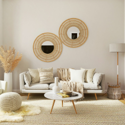 Ruang tamu bergaya bohemian dengan palet warna netral yang hangat, dilengkapi sofa abu-abu, dua hiasan cermin rotan bulat di dinding, meja kopi bundar berwarna putih, dan dekorasi rumput pampas dalam vas tinggi.