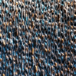 Tekstur jarak dekat dengan garis-garis vertikal kasar berwarna cokelat gelap dan hitam, dengan rona biru cerah di sela-sela lekukannya, menyerupai permukaan logam berkarat yang teroksidasi.