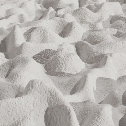 Permukaan bertekstur kasar dengan gundukan-gundukan kecil tidak beraturan berwarna putih bersih, menghasilkan bayangan kontras, mirip dengan pahatan gips atau permukaan bulan mini.