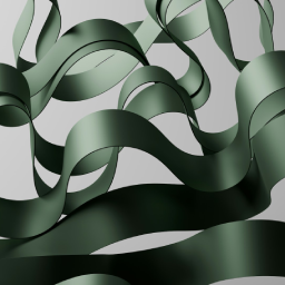 Komposisi abstrak berupa pita atau lembaran tebal berwarna hijau tua yang meliuk dan bergelombang secara elegan di depan latar belakang abu-abu terang.