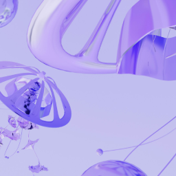 Komposisi abstrak 3D dengan bentuk-bentuk melengkung, mengilap, dan tembus pandang yang menyerupai struktur ubur-ubur futuristik, didominasi warna ungu lavender cerah.
